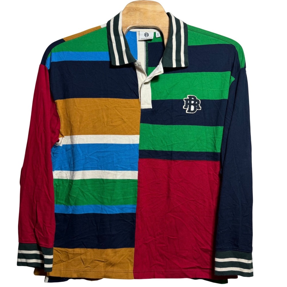 BR Athletics Mens XL Colorblock Striped Long Sleeve Rugby Polo Shirt Multi-Color